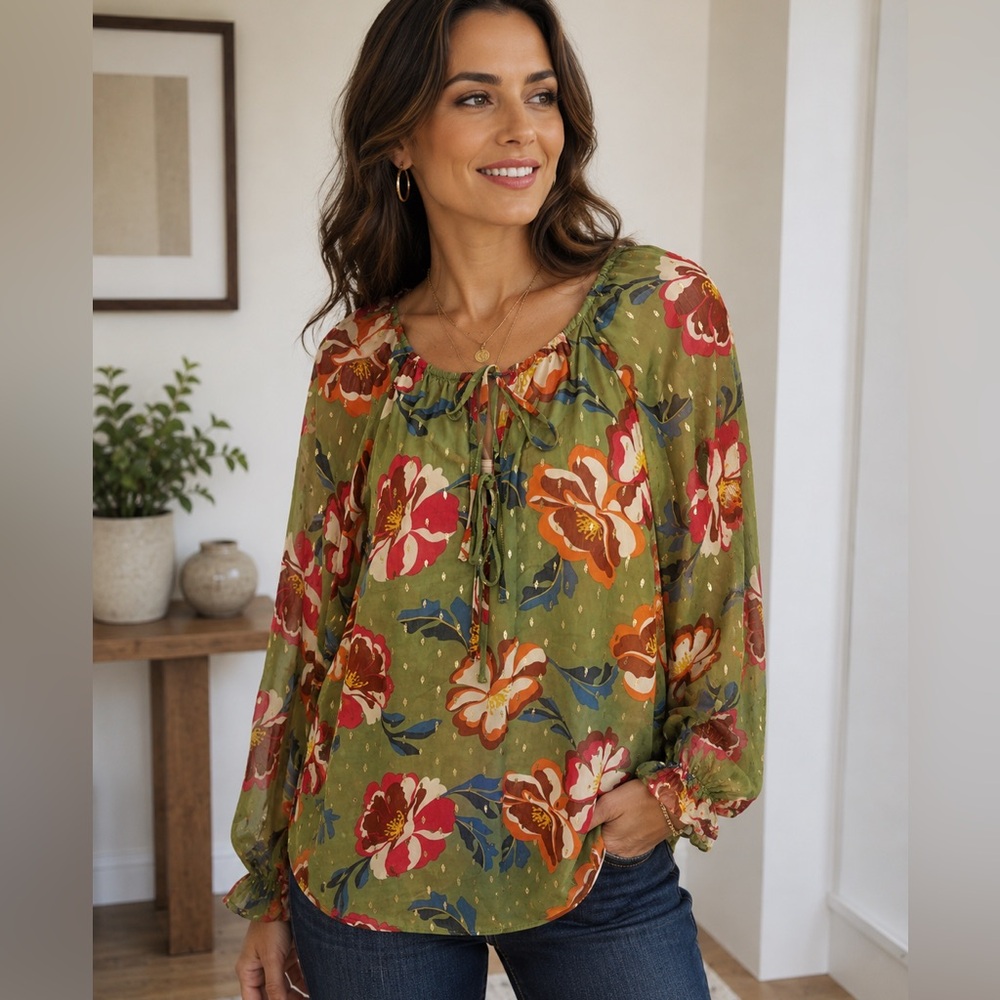 Tamara H Semi Sheer Sage Green Floral Long Sleeve Top Boho Gold Accents Sz Large